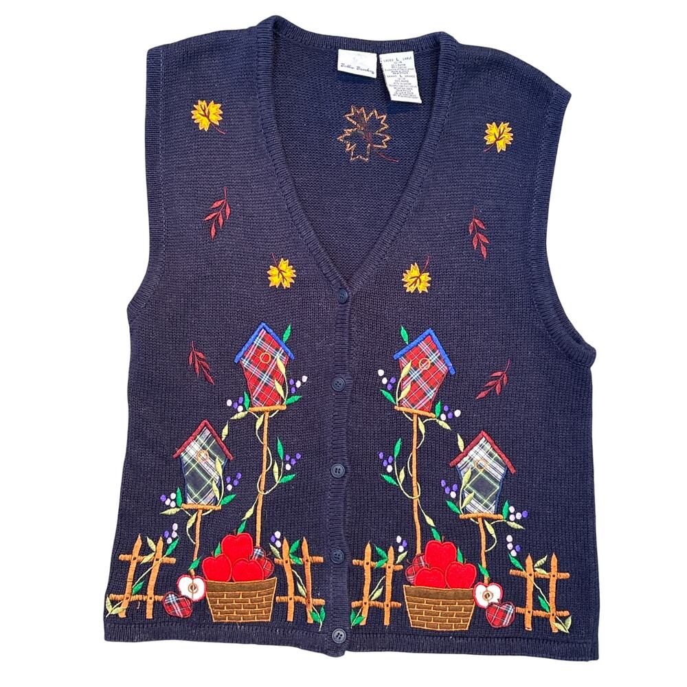 Bobbie Brooks Sweater Vest Teacher core birdhouse apple leaf cottage L 12/14